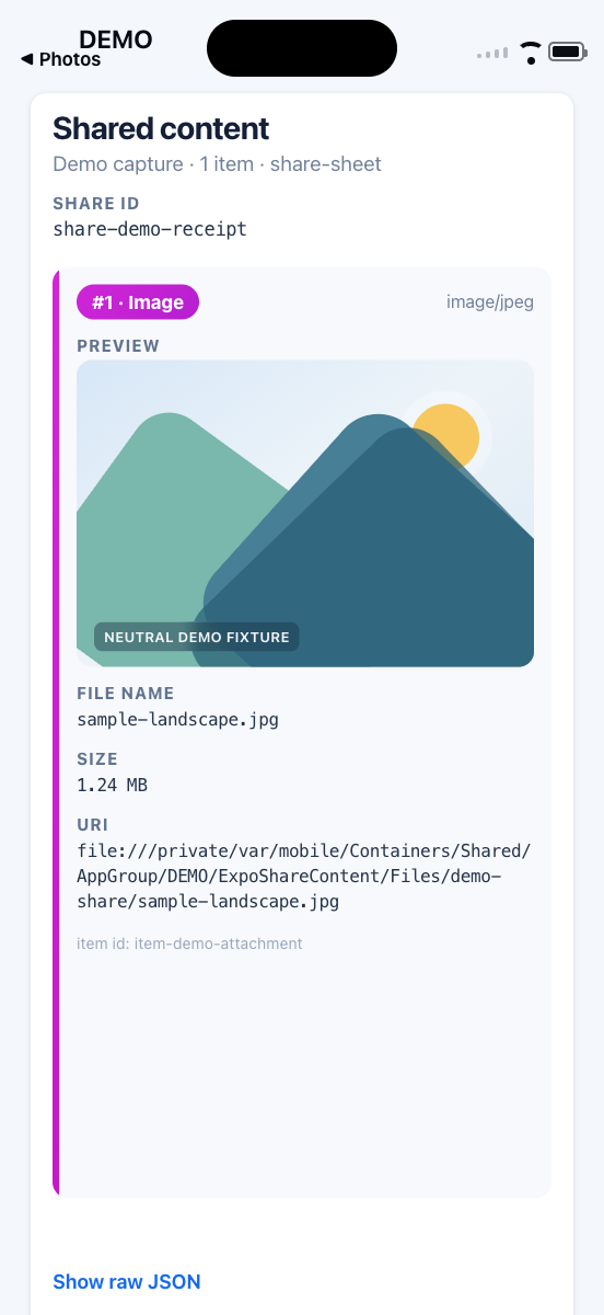 Privacy-safe React Native Share Content demo showing an image payload with preview, filename, size, and App Group file URI